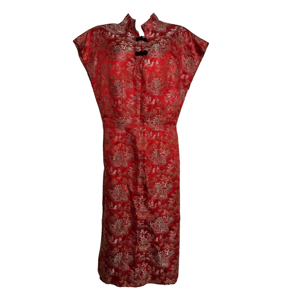 Chinese Roman's Hollywood Red Jacquard Maxi Qipao Asian Knots Dress Mandarin XS